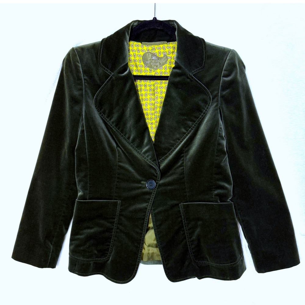 Etro 6 Velvet Blazer Dark Green Silk Paisley Italy Luxury Maximalist Designer‎